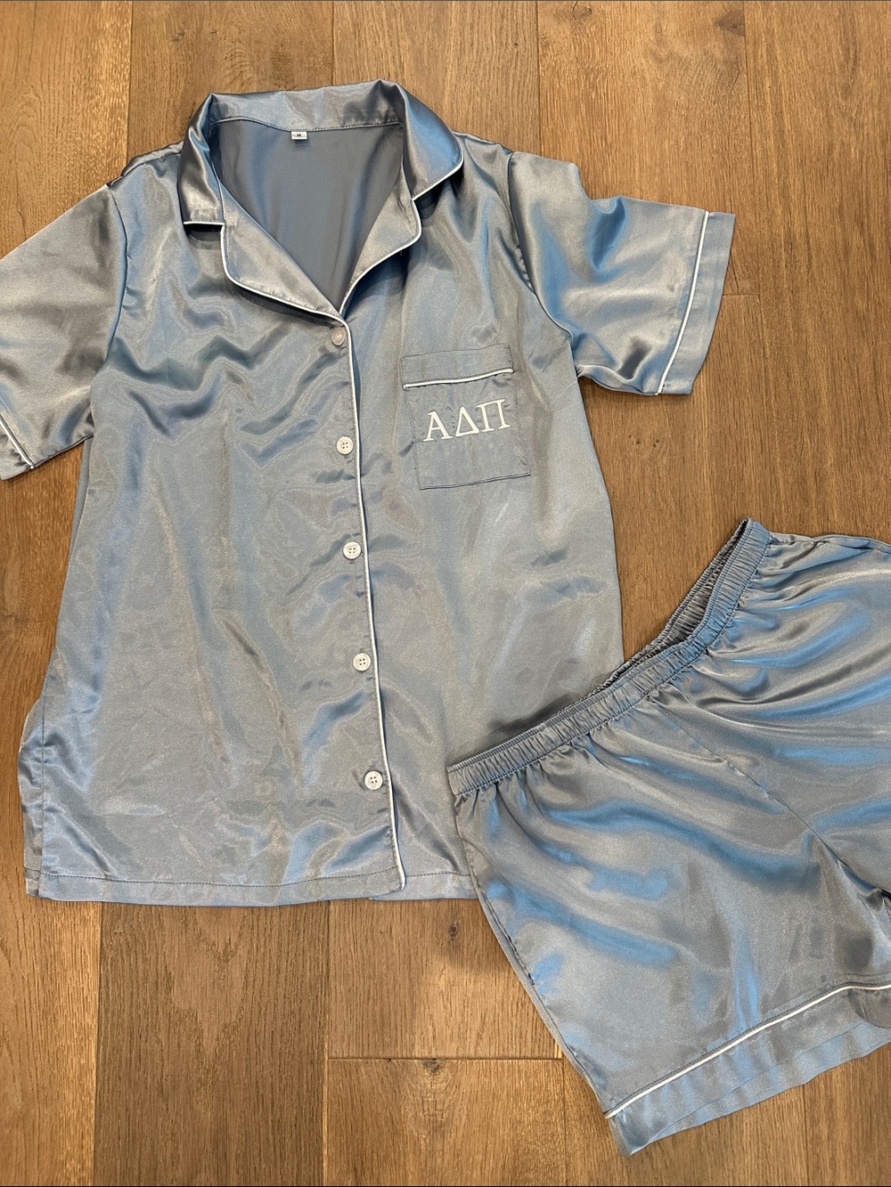 Satin Short-Sleeve Alpha Delta Pi Pajama Set in Blue with Embroidered Pocket